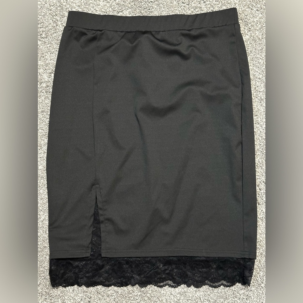 Black pencil skirt with lace trim and small slit